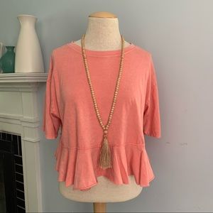 She & Sky ruffle cropped cotton tee coral orange